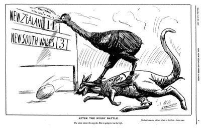 ambiguous_gender ball biped boots caption clothing duo feral footwear hat headgear headwear lying new_south_wales new_zealand rugby rugby_ball rugby_shirt rugby_uniform scoreboard shoes standing standing_on_another john_blomfield avian bird kangaroo macropod mammal marsupial moa_(bird) ratite recently_extinct_species 1907 20th_century absurd_res ancient_art black_and_white dated hi_res monochrome signature