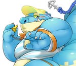 anthro blue_body clothing crop_top holding_whistle lifeguard male overweight rear_view shirt solo suggestive thong topwear underwear whistle_(object) whistle_around_neck bake_gosut lifewonders tokyo_afterschool_summoners makara_(tas) crocodile crocodilian reptile scalie