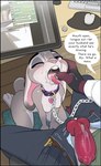 after_fellatio after_oral after_sex animal_genitalia animal_penis anthro bodily_fluids breasts canine_genitalia canine_penis chain collar cuckold cum cum_in_mouth cum_inside cum_on_face dialogue dominant dominant_male duo erection faceless_character faceless_male female fur genital_fluids genitals grey_body grey_fur kneeling knot knotted_penis male nipples penis pink_nipples purple_eyes sitting speech_bubble submissive submissive_female text unzipped unzipped_pants zipper amadose disney zootopia judy_hopps owen_(amadose) canid canine fox lagomorph leporid mammal rabbit absurd_res english_text hi_res