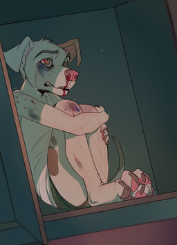4_toes anthro barefoot beaten biped blood bodily_fluids bruised bruised_eye clothed clothing crying detailed_background feet fingers fur grimace male scared shaking sitting solo tears toes trembling white_body white_fur wounded young drmax canid canine canis domestic_dog mammal 2018 digital_media_(artwork)