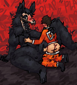 anthro black_body black_fur black_sclera black_tongue blush blush_lines bodily_fluids bone bottomwear bottomwear_around_legs breast_grab breasts clenched_hands clothed clothed_sex clothing clothing_around_legs curling_toes duo feet female fur hand_on_breast hand_on_shoulder kneeling larger_female male male/female neck_tuft onomatopoeia pants pants_around_legs penetration plap plap_(sound) pupils red_background sex sharp_teeth simple_background sitting size_difference skull skull_head sound_effects spread_legs spreading sweat teeth text tongue tongue_out tremble_spikes tuft twitching vaginal vaginal_penetration white_pupils scaliescum scp_foundation d-class scp-1471-a human malo mammal skulldog_(species) aliasing digital_media_(artwork) hi_res