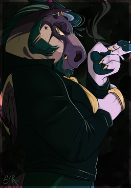 angry anthro beard boss cigarette clothing ear_piercing ear_ring eyebrows facial_hair gold_knuckles green_hair grumpy hair mafia male mature_male mob_boss necktie paws piercing ring_piercing slicked_back_hair smoking solo suit teeth thick_eyebrows wings yellow_eyes scragglyassrodent avian bird chimera equid equine felid horse lion mammal pantherine 2022 hi_res