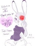 anthro clothed clothing female food fully_clothed fur grey_body grey_fur heart_symbol holding_food holding_object looking_at_viewer one_eye_obstructed pawpsicle popsicle purple_eyes simple_background solo text tongue tongue_out white_background halu3xyz disney zootopia judy_hopps lagomorph leporid mammal rabbit 2020 3:4 english_text hi_res japanese_text