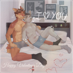 anthro arm_support bed bedroom_eyes blush boxers_(clothing) bulge bulge_rubbing clothing confident duo elbow_on_bulge footwear furniture heart_symbol holidays leaning leaning_backward leaning_on_another leaning_on_elbow male male/male narrowed_eyes romantic romantic_couple rubbing_penis seductive socks underwear flokyss valentine's_day canid canine mammal 1:1 hi_res