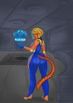 anthro big_butt blonde_hair bob_cut bodysuit bounty_hunter breasts butt clothing facial_markings female fur green_eyes hair head_markings hologram looking_at_viewer looking_back markings orange_body orange_fur science_fiction shoulder_pads skinsuit small_waist solo stripes tight_clothing wanted_poster wide_hips unknown_artist clixsposing_kitraandra kitraandra alien amphibian felid frog humanoid mammal pantherine tiger varkeeg