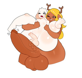 anthro antlers balls big_balls big_butt big_dom_small_sub big_penis blonde_hair brown_body brown_fur butt dominant dominant_intersex duo erection femboy fur genitals hair herm horn huge_balls huge_butt huge_hips huge_penis huge_thighs hyper hyper_genitalia hyper_penis intersex intersex/male lifting_partner looking_down male nude on_bottom on_top one_eye_closed penis penis_size_difference red_nose reverse_cowgirl_position sex size_difference small_penis smile spread_legs spreading standing submissive submissive_male thick_thighs vein veiny_penis white_body white_fur wide_hips worried_look danielito deltarune undertale undertale_(series) asriel_dreemurr noelle_holiday bovid caprine deer goat mammal new_world_deer reindeer absurd_res hi_res