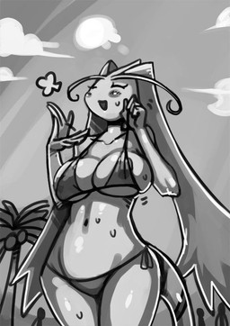 anthro anthrofied areola areola_slip beach big_breasts bikini blush bodily_fluids breasts cleavage clothed clothing cloud female nipple_slip nipples outside pokemorph seaside skimpy sky smile solo sun sweat swimwear tail two-piece_swimsuit wide_hips bittenhard nintendo pokemon fan_character sofiya_ivanova generation_3_pokemon milotic pokemon_(species) monochrome