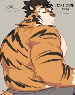anthro black_hair black_stripes clothed clothing dialogue eyewear fur glasses hair male mature_male musclegut muscular muscular_anthro muscular_male orange_body orange_fur rectangular_glasses solo stripes talking_to_another text topless topless_anthro topless_male king_slabu tantai_suvanmas bengal_tiger felid mammal pantherine tiger english_text hi_res