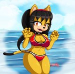 anthro big_breasts bikini black_hair breasts cleavage clothed clothing cloud day female hair solo swimwear thick_thighs two-piece_swimsuit water wide_hips yellow_body mrdeepay sega sonic_the_fighters sonic_the_hedgehog_(series) honey_the_cat felid feline mammal 2019 hi_res