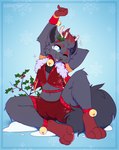 anthro anthrofied bell bell_collar blue_eyes cheek_tuft christmas_clothing clothed clothing collar facial_tuft femboy fluffy fur grey_body grey_fur headgear headwear heart_eyes heart_symbol holidays holly_(plant) horn looking_at_viewer male one_eye_closed open_mouth pawpads paws plant pose simple_background smile solo sparkles tail tuft wink bloominglynx christmas nintendo pokemon zorro_(valdusaetherius) canid canine generation_5_pokemon mammal pokemon_(species) zorua digital_media_(artwork)