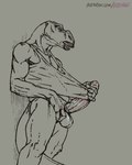 anthro balls big_penis biped bottomless bottomless_anthro bottomless_male clothed clothing erection foreskin genitals grey_background humanoid_genitalia humanoid_penis male male_anthro masturbation masturbation_through_clothing penile penile_masturbation penis shirt shirt_only simple_background solo tank_top tank_top_only topwear topwear_only klongi dinosaur hadrosaurid hadrosaurus ornithischian ornithopod prehistoric_species reptile scalie 2024 2d_animation 4:5 animated digital_media_(artwork) loop short_playtime spot_color