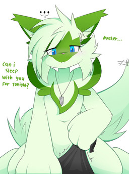 anthro anthrofied blue_eyes dialogue ellipsis female fur green_body green_fur green_hair hair jewelry looking_at_viewer navel necklace pokemorph simple_background solo tail text white_background nakachidragon nintendo pokemon mossy_(naka) generation_9_pokemon pokemon_(species) sprigatito 2026 digital_media_(artwork) english_text hi_res