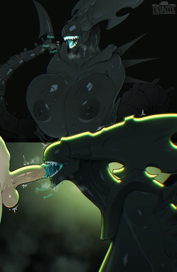 anthro areola big_breasts bodily_fluids breasts duo fellatio female female_penetrated genital_fluids genitals humanoid_genitalia humanoid_penis male male/female male_penetrating male_penetrating_female nipples nude oral oral_penetration penetration penile penis sex simple_background sweat sweatdrop drunkrussianman alien_(franchise) alien xenomorph xenomorph_queen absurd_res hi_res