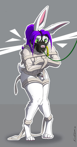 ankle_cuffs ankles_tied anthro arms_tied balls bdsm blonde_hair bondage bound braided_hair chastity_cage chastity_device cuff_(restraint) digitigrade fur genitals green_eyes green_leash grey_background hair humanoid_genitalia humanoid_penis leash leashed_male leashed_muzzle leg_cuffs lock long_ears looking_down male metal_chastity_cage muzzle_(object) muzzled object_in_urethra padlock penetration penis pink_inner_ear pink_snout ponytail purple_hair restraints scut_tail short_tail simple_background solo sounding_rod standing straitjacket stylized_chastity_cage tail urethral urethral_penetration wearing_chastity_cage wearing_chastity_device white_balls white_body white_fur kemira reggie_the_bunny lagomorph leporid mammal rabbit 2025 absurd_res digital_drawing_(artwork) digital_media_(artwork) hi_res signature