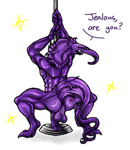 abs anthro anus backsack balls butt butt_tattoo crouching genitals humanoid_genitalia humanoid_penis humor joke kiss_mark lidded_eyes long_nose looking_at_viewer looking_back looking_back_at_viewer male muscular muscular_male narrowed_eyes nipples penis perineum pole purple_body raised_tail rear_view saggy_balls simple_background solo sparkles sparkling_character stripper_pole tail tattoo text white_background syndhart squirmle english_text hi_res meme