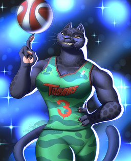 abstract_background anthro ball ball_on_finger basketball_(ball) basketball_jersey big_breasts black_body black_fur breasts claws clothed clothed_anthro clothed_female clothing feline_tail female finger_claws fingers front_view fur hand_on_hip humanoid_hands long_tail looking_at_viewer markings motion_blur motion_lines orange_eyes pose smile solo sparkles spots spotted_markings standing tail text toothy_smile whiskers yellow_sclera skyford goat_(movie) jett_fillmore felid mammal pantherine artist_name colored hi_res portrait shaded three-quarter_portrait watermark