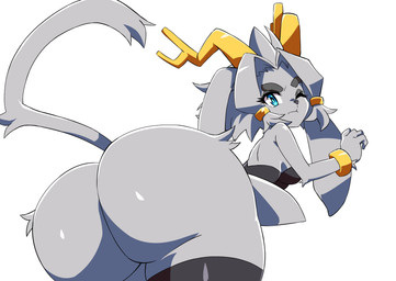 anthro antlers big_butt blue_eyes bracelet breasts butt butt_focus clothing eyelashes eyeshadow female floppy_ears fur glistening glistening_butt gold_(metal) gold_jewelry grey_body grey_fur grey_hair hair horn huge_butt huge_hips jewelry legwear looking_back lop_ears makeup medium_breasts one_eye_closed presenting presenting_hindquarters raised_tail rear_view side_boob simple_background solo tail thick_thighs thigh_highs white_background wide_hips niyuyu pseudoregalia sybil_(pseudoregalia) bovid caprine felid feline goat hybrid jackalope lagomorph leporid mammal rabbit 2026 absurd_res digital_drawing_(artwork) digital_media_(artwork) hi_res