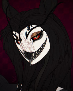 ambiguous_anthro ambiguous_gender anthro beak black_body black_hair eyelashes glistening glistening_eyes grey_tongue hair long_hair looking_at_viewer narrowed_eyes open_mouth pattern_background red_sclera sharp_teeth simple_background solo teeth tongue tongue_out yellow_eyes riorix lizette_(peentz) avian 2024 dated hi_res