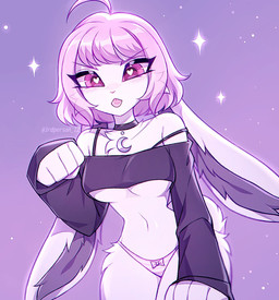 5_fingers ahoge anthro blep blush breasts clothed clothing curvy_figure female fingers hair heart_eyes heart_symbol hourglass_figure inner_ear_fluff medium_breasts midriff no_bra off_shoulder panties pink_eyes scut_tail short_tail skimpy solo star tail thick_thighs tongue tongue_out translucent translucent_hair tuft under_boob underwear wide_hips 3rdperson_iz bean_(bean_mel) lagomorph leporid mammal rabbit hi_res