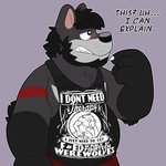 anthro blush chin_scratch clothing embarrassed male shirt solo tank_top text text_on_clothing text_on_shirt text_on_tank_top text_on_topwear topwear thepandobo oddly_specific_shirts_(meme) krousser bear canid canine canis hybrid mammal wolf 1:1 english_text hi_res