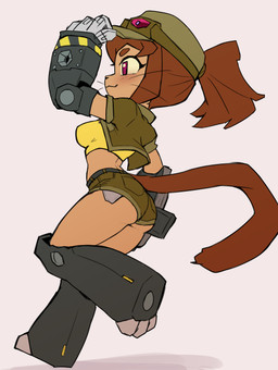 3_toes anthro back_groove blush bottomwear breasts brown_tail butt clothed clothing curvy_figure emoji_description feet female female_anthro hotpants hourglass_figure magenta_eyes midriff shorts skimpy solo tail toes whiskers lilkon gameoverse glitch_productions kit_bodega domestic_cat felid feline felis mammal 2026 absurd_res full-length_portrait hi_res portrait