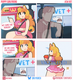belt big_breasts black_eyes blonde_hair bodily_fluids breasts car_interior cleavage clothed clothing curled_tail dialogue duo ellipsis eyelashes faceless_character faceless_human faceless_male female hair huge_breasts male nervous nervous_sweat open_mouth scared sitting smile standing sweat tail tears text thick_thighs veterinary_clinic white_hair onigiri_punch dark_souls fromsoftware wcdonald's human humanoid mammal absurd_res comic english_text hi_res