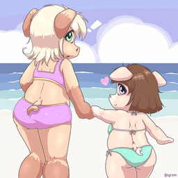 anthro beach bikini biped blonde_hair brown_hair butt clothed clothing day duo exclamation_point female hair hand_holding heart_symbol looking_at_viewer looking_back looking_back_at_viewer open_mouth outside rear_view sand short_tail slightly_chubby slightly_chubby_female standing swimwear tail teeth toddler tongue two-piece_swimsuit water young young_anthro young_female maverick linda_(maverick) sasha_(maverick) domestic_pig mammal suid suine sus_(pig) 1:1 2025 hi_res