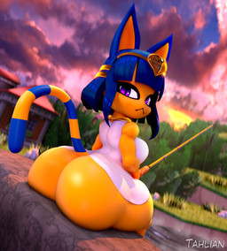 anthro big_breasts big_butt blue_hair breasts butt clothing dress female fishing fishing_rod hair huge_butt looking_at_viewer looking_back purple_eyes solo uraeus white_clothing white_dress tahlian animal_crossing nintendo ankha_(animal_crossing) domestic_cat felid feline felis mammal 3d_(artwork) absurd_res digital_media_(artwork) hi_res