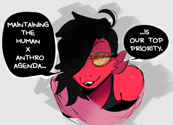 ambiguous_gender anthro black_hair clothing hair open_mouth red_body simple_background smile solo text conditional_dnp remanedur ren_(remanedur) fish mammal marine digital_media_(artwork) english_text hi_res meme nonbinary_(lore)