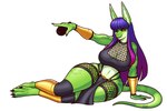 anthro arm_support big_breasts bottomwear breasts clothing electronics feet female green_body hair legwear loincloth long_hair microphone midriff navel orange_eyes pink_hair pose purple_hair solo thick_thighs wide_hips yokozuwari blazbaros alien lizard reptile scalie 2024 3:2