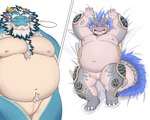 animal_genitalia anthro belly blue_body blue_hair body_hair cloaca duo genitals grey_body hair happy_trail lying male male/male mature_male moobs navel nipples nude on_back overweight size_difference white_hair peto3001 lifewonders mythology tokyo_afterschool_summoners qinglong_(tas) dragon mythological_creature mythological_scalie scalie absurd_res hi_res