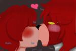 2014 animatronic anthro blush brown_background brown_eyes comic dated digital_drawing_(artwork) digital_media_(artwork) discordmelody duo female five_nights_at_freddy's foxy_(fnaf) freckles hair headshot_portrait heart_symbol hi_res jasmine_ivory kiss_on_lips kissing machine male mammal metal portrait profile red_hair robot rodent sciurid scottgames security side_view signature simple_background tree_squirrel year yellow_eyes