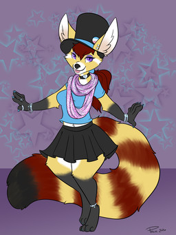 anklet anthro big_ears black_body black_fur bottomwear bracelet brown_body brown_fur clothing ear_piercing ear_ring eyeshadow female fur hair hat headgear headwear jewelry lgbt_pride makeup painted_claws piercing pride_colors purple_eyes red_hair ring ring_piercing scarf skirt solo tan_body tan_fur top_hat transgender_pride_colors pmoss astra_(tenpoundhammer) ailurid canid canine fennec_fox fox hybrid mammal red_panda true_fox 2026 trans_(lore) trans_woman_(lore)