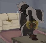 anthro anus arm_tuft balls black_body black_fur blue_wall bodily_fluids breath brown_body brown_skin butt elbow_tuft eye_roll eyebrows fart fart_cloud feces feces_pile fur furniture genital_fluids genitals grey_body grey_eyes grey_fur hair hand_on_butt hand_on_own_butt male narrowed_eyes open_mouth open_smile perineum pooping pooping_on_object pooping_on_table raised_eyebrows raised_tail red_rug rug scatplay shoulder_tuft smile sofa solo sound_effects standing steam table tail tan_sofa teeth text tongue tongue_out tuft urine urine_stain watersports whisker_spots bipbopstunk bipzy_(bipbopstunk) mammal mephitid skunk artist_name english_text hi_res