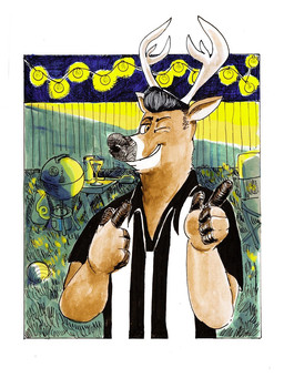 anthro antlers ball barbecue_grill biped black_clothing black_shirt black_topwear bowling_shirt clothing container cup drinking_glass fence finger_gun folding_chair gesture glass glass_container glass_cup grass grill hand_gesture horn male night one_eye_closed outside plant pompadour shirt sky smile solo spatula tools topwear wine_glass wink billy_fore deer mammal 3:4 hi_res