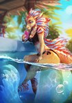 5_fingers alcohol anthro beverage bikini blue_eyes blurred_background breasts bubble clothing cocktail detailed_background dorsal_fin drinking_straw eyebrows eyelashes female fin fingers head_fin holding_glass holding_object hooves leg_fins long_ears long_tail looking_at_viewer narrowed_eyes navel orange_body outside palm_tree partially_submerged plant red_sclera sitting solo swimwear tail tail_fin topwear tree two-piece_swimsuit water wet wet_body kayfoxii pegalathemoth_(character) equid equine fish hybrid mammal marine seahorse syngnathid syngnathiform 2023 absurd_res artist_name digital_drawing_(artwork) digital_media_(artwork) hi_res signature