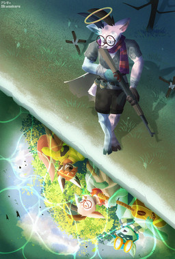 acoustic_guitar anthro antlers assault_rifle black_body black_bottomwear black_clothing black_fur black_inner_ear black_nose black_shorts blood blue_antlers blue_body blue_fur blue_horn blue_scarf bodily_fluids bottomwear clothing digitigrade explosives eyes_closed eyewear eyewear_on_head fur goggles goggles_on_head grave grenade grey_clothing grey_shirt grey_topwear grin group guitar gun half-closed_eyes halo holding_assault_rifle holding_guitar holding_musical_instrument holding_object horn jacket looking_down makeshift_grave male musical_instrument narrowed_eyes orange_body orange_fur outside pattern_clothing pattern_scarf pink_body pink_fur pink_horn plucked_string_instrument purple_scarf ranged_weapon red_scarf reminiscing rifle river riverbank scarf shirt shorts smile string_instrument striped_clothing striped_scarf stripes topwear torn_clothing trio weapon white_body white_fur white_scarf yellow_clothing yellow_jacket_(clothing) yellow_topwear skweekers bikotto_(skweekers) dutch_(skweekers) canid canine deer mammal maned_wolf procyonid raccoon 2025 hi_res