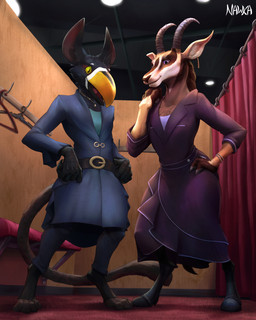 anthro beak biped black_body brown_body brown_fur countershading dewclaw_hooves digitigrade duo ear_piercing female fur hooves horn piercing purple_eyes tail tan_body tan_fur unguligrade white_body white_fur yellow_eyes nawka mythology mira_(wetchop) tosin_afolabi_(slither) antelope aracari avian bird bovid felid gryphon hybrid leopard mammal mythological_avian mythological_creature pantherine piciform toucan 2021 4:5 hi_res