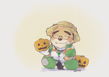 anthro blush bottomwear chibi clothing eyes_closed eyewear glasses hat headgear headwear jack-o'-lantern kemono pants shirt simple_background slightly_chubby solo straw_hat topwear igarashi_ta lifewonders tokyo_afterschool_summoners volos_(tas) bear mammal 2022 hi_res