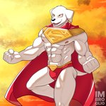 abs anthro biceps black_nose brown_eyes cape clothing fingers fist floating floppy_ears flying fur male muscular muscular_anthro muscular_male nipples pecs simple_background sky smile smirk solo superhero tail thong underwear white_body white_fur imbroglio_24 krypto canid canine canis domestic_dog kryptonian mammal 1:1