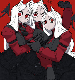 accessory belt black_bottomwear black_clothing black_gloves black_handwear black_necktie black_pants black_tail bottomwear breasts clothing eyebrows female gloves group hair hand_on_another's_breast hand_on_shoulder handwear holding_arm hug hugging_another inner_ear_fluff long_hair looking_aside looking_at_viewer medium_breasts necktie one_eye_closed pants red_background red_clothing red_eyes red_shirt red_topwear shirt simple_background spade_tail tail topwear trio tuft white_eyebrows white_hair wide_hips bone_nigi helltaker cerberus_(helltaker) animal_humanoid canid canid_humanoid canine canine_demon canine_humanoid demon demon_humanoid humanoid mammal mammal_humanoid 2026 absurd_res cel_shading dated digital_drawing_(artwork) digital_media_(artwork) hatching_(art) hi_res shaded watermark sibling_(lore) sister_(lore) sisters_(lore) triplets_(lore)