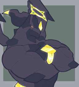 abs anthro barazoku black_body bracelet bracelet_only crossed_arms fusion glowing glowing_eyes glowing_horn green_background halo horn jagged_mouth jewelry looking_at_viewer male manly muscular muscular_anthro muscular_male nude nude_anthro nude_male pokemon_fusion red_sclera simple_background solo spread_wings three-quarter_view wings yellow_eyes zephyrchill nintendo pokemon zek_(zephyrchill) arceus generation_4_pokemon generation_5_pokemon hybrid legendary_pokemon pokemon_(species) zekrom half-length_portrait hi_res portrait