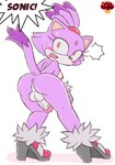 anthro anus balls bent_over big_penis blush breasts butt clothing embarrassed erection fur genitals gloves gynomorph handwear intersex looking_at_viewer looking_back nipples nude open_mouth penis purple_body purple_fur simple_background solo surprise surprised_expression tail text ladycherrybomba sega sonic_the_hedgehog_(series) blaze_the_cat domestic_cat felid feline felis mammal hi_res