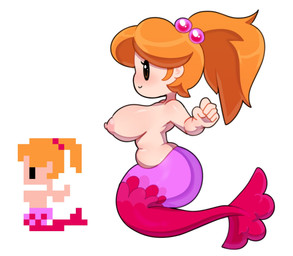 areola belly big_breasts breasts clothed clothing female hair nipples orange_hair pink_nipples ponytail red_body red_scales scales side_boob simple_background slightly_chubby smile solo split_form topless white_background white_body white_skin somescrub final_fantasy square_enix aquatic humanoid mammal merfolk digital_media_(artwork) hi_res unavailable_at_source