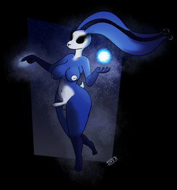 anthro balls big_breasts black_eyes blue_body breasts ear_piercing ear_ring erection floating genitals gynomorph intersex long_ears magic night nipples penis piercing ring_piercing solo starscape white_nipples cansinodx dream_creature lagomorph mammal hi_res