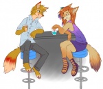 anthro bar blue_eyes bottomwear clothed clothing container crossed_legs cup duo eye_contact female looking_at_another male male/female sitting skirt smile ailuranthropy alteq kohi_(waruikoohii) canid canine canis coyote fox mammal 2015