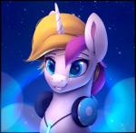 blinking blonde_hair blue_eyes electronics female feral hair headphones horn smile solo rodrigues404 hasbro my_little_pony mythology fan_character equid equine mammal mythological_creature mythological_equine unicorn animated short_playtime