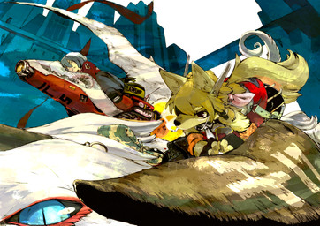 aircraft airplane ambiguous_gender beak cigarette city cityscape flying group jet kemono low-angle_view midair perspective race racing riding smoke smoking straddling tail vehicle kouchainu avian bird canid canine canis domestic_dog human mammal 2009