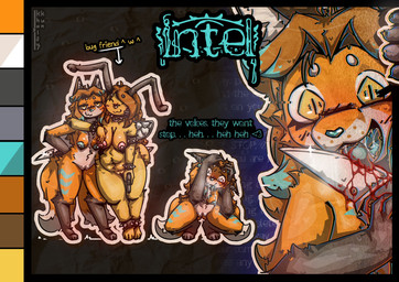 2_tails 4_toes antennae_(anatomy) anthro areola armband bangs barbell_piercing big_breasts blood blue_nipples blush blush_lines bodily_fluids bracelet breasts collar dialogue drooling duo exposed_breasts eyelashes fangs feet female female/female foaming_at_mouth fur genitals glistening glistening_body glowing gun hair half-closed_eyes holding_object ill jewelry knife licking licking_knife long_eyelashes looking_at_viewer multi_tail narrowed_eyes nipple_dip nipple_piercing nipples nude nude_anthro nude_female open_mouth piercing rabies ranged_weapon saliva scared silly_face simple_background smile spiked_armband spiked_bracelet spiked_collar spikes standing tail teeth text toes tongue tongue_out weapon wings yellow_body khalfy_kun intelfox_(intelfox51) rebekah_(khalfy_kun) arthropod bee canid canine fox hybrid hymenopteran insect mammal pup_bee absurd_res english_text hi_res model_sheet