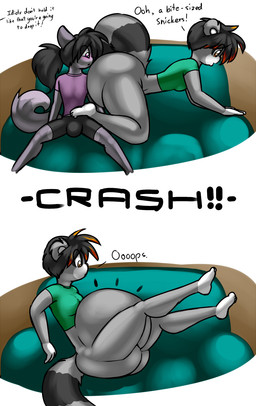 accidental_vore anal anal_vore anthro belly big_belly big_butt black_hair butt clothing duo female fur furniture green_clothing green_shirt green_topwear grey_body grey_fur hair inside male purple_clothing purple_shirt purple_topwear shirt sitting sitting_on_another sofa text topwear vore norithics ember_asche lemur mammal primate strepsirrhine 2017 english_text hi_res